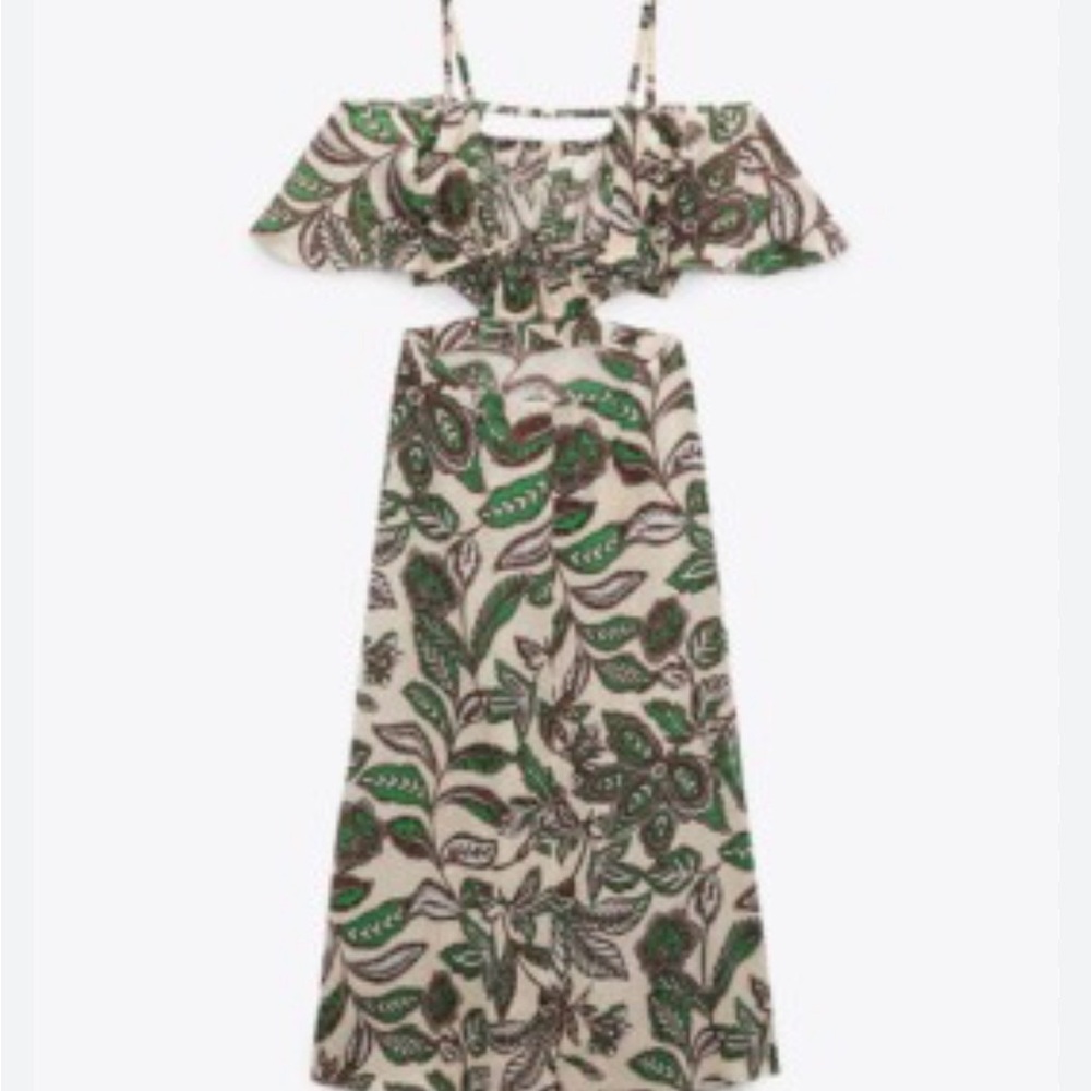 Zara Green and Cream Leaf Print Maxi Dress